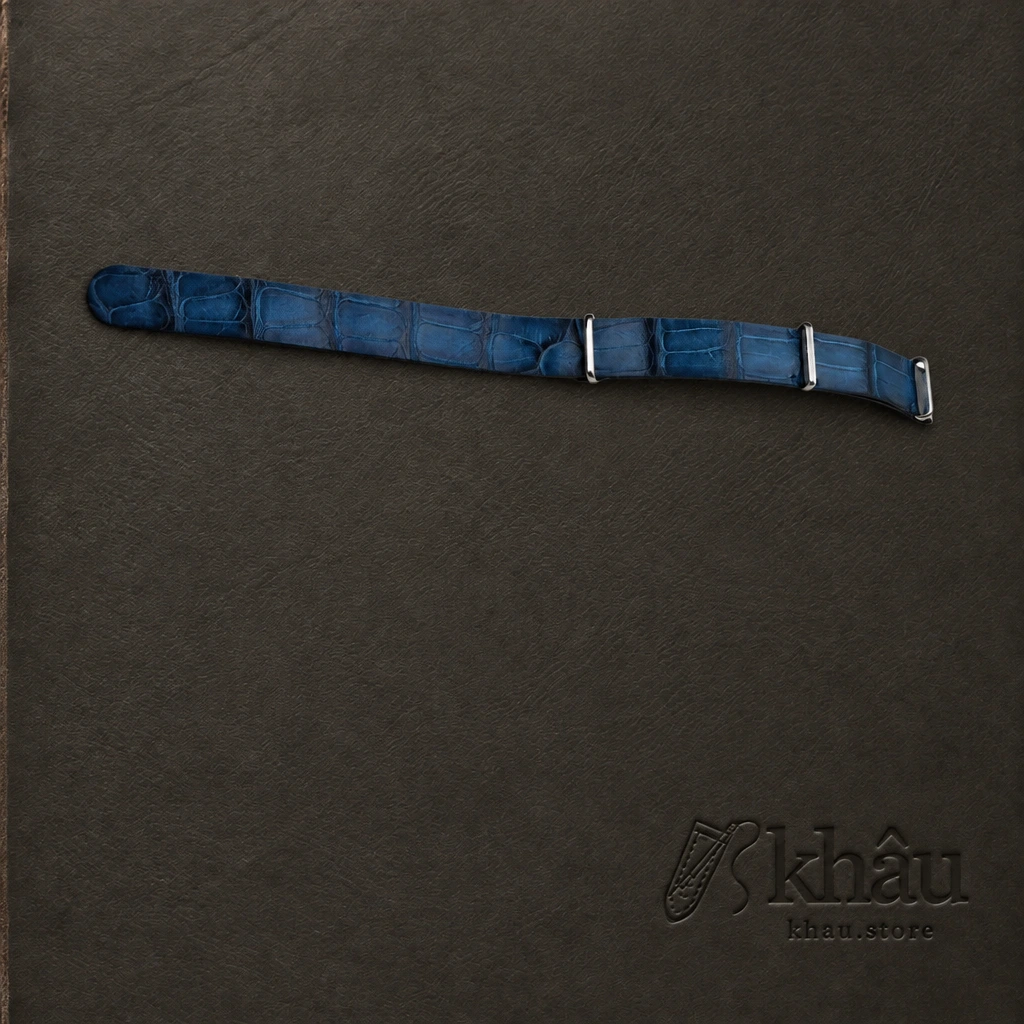 NATO Patina Blue Alligator Lining Bordeaux Alligator Round Scales Leather Watch Strap — front view