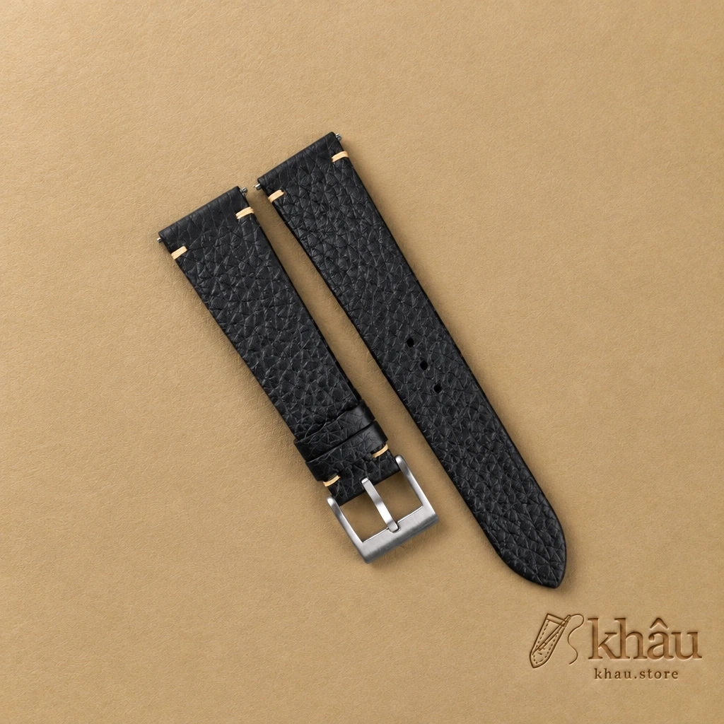 Vintage Black Togo Leather Side-Stitch Watch Strap — front view