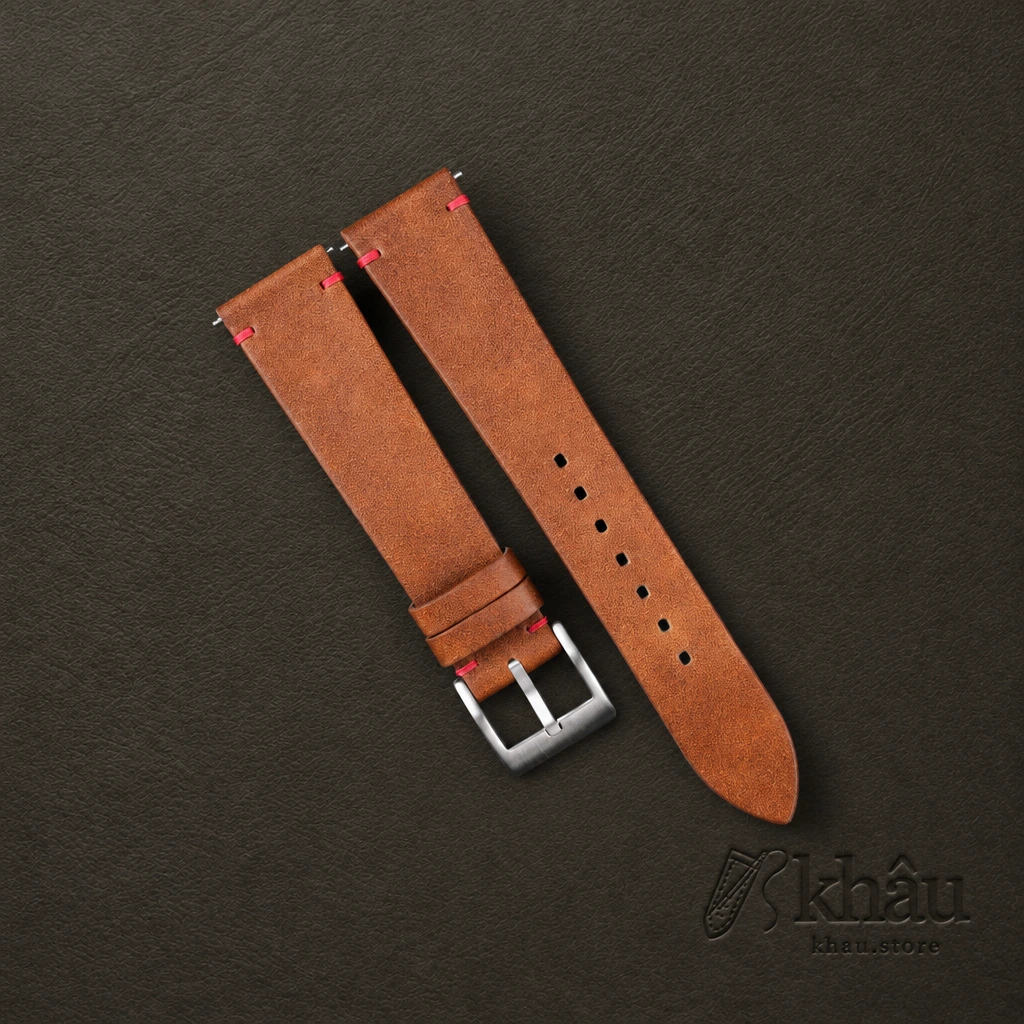 Vintage Brown Maya Vegetable Tanned Calfskin Leather Side-Stitch Watch Strap — front view