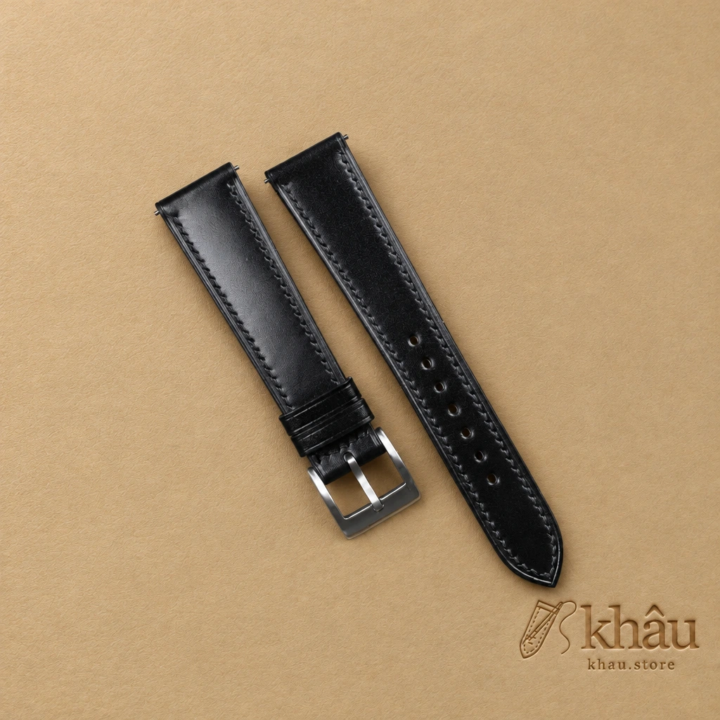 Black Shell Cordovan Leather Watch Strap — front view