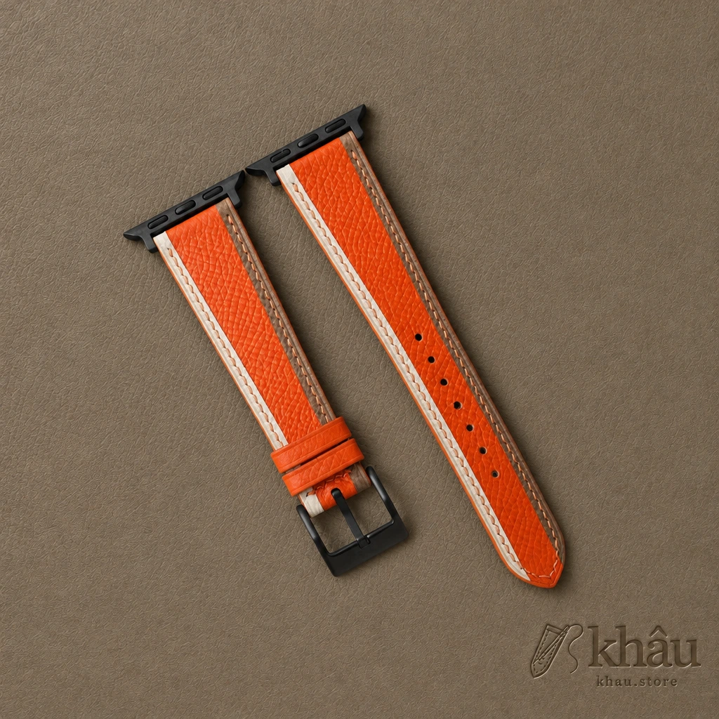 Tricolor Orange Epsom Leather Apple Watch Band — front view