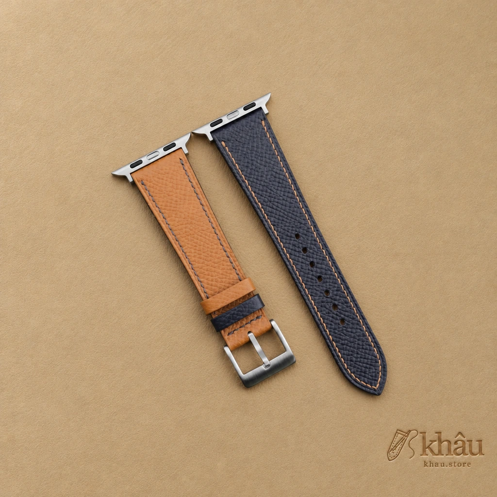 Navy Golden Epsom Calf Leather Apple Watch Band — front view