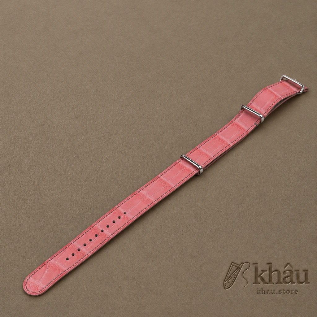 NATO Pink Alligator Lining Light Grey Alligator Round Scales Leather Watch Strap — front view