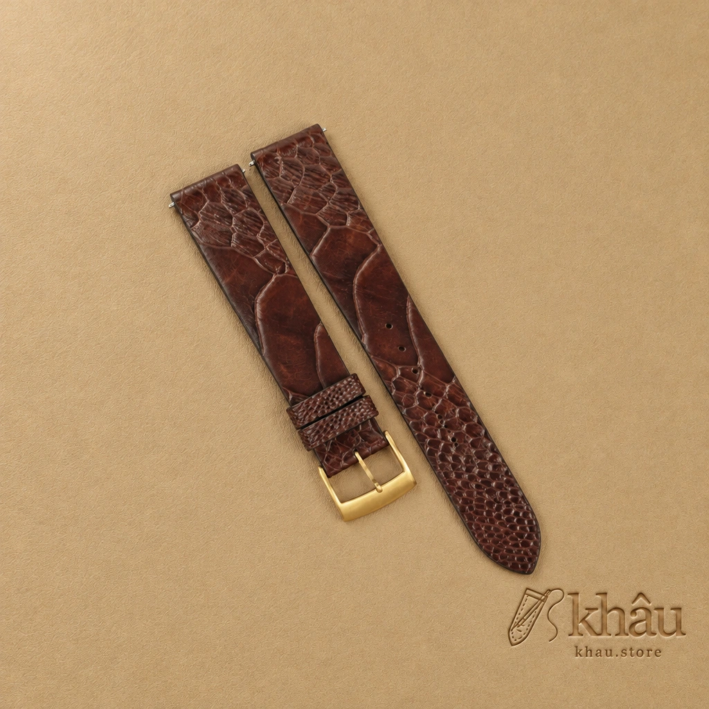 Vintage Dark Brown Ostrich Leg Leather Watch Strap — front view