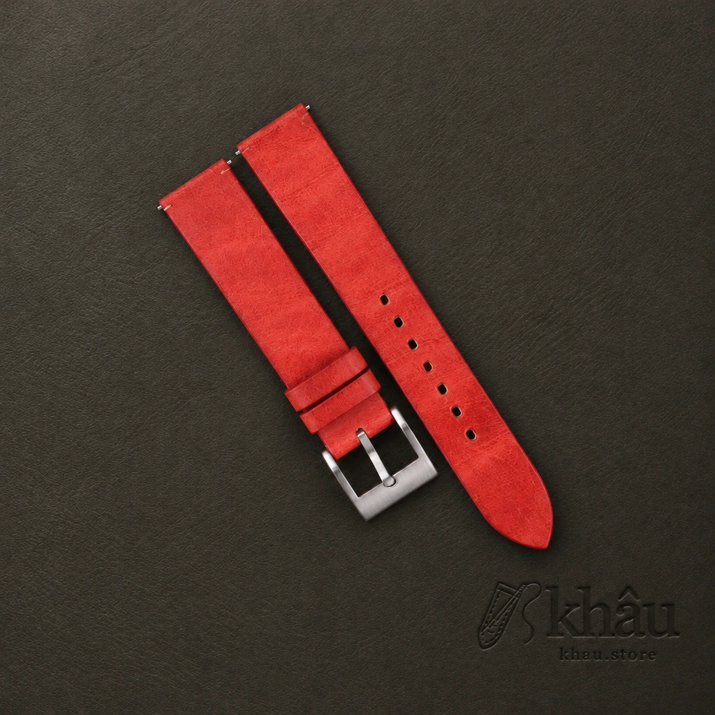 Vintage Red Maya Vegetable Tanned Calfskin Leather Slim Watch Strap — front view