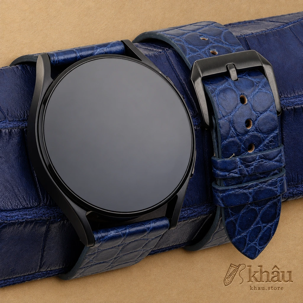 Vintage Dark Blue Alligator Round Scales Leather Samsung Watch Band — front view
