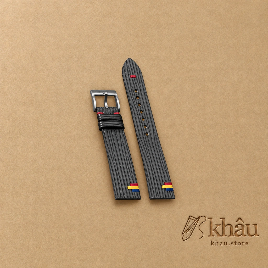 Black Calfskin Leather Romania Flag Watch Strap — front view