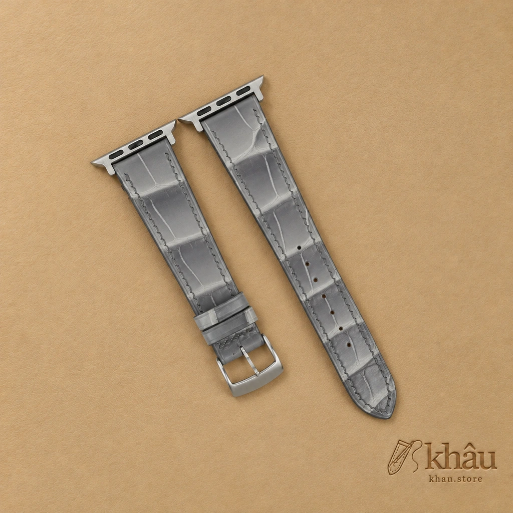Patina Grey Alligator Leather Apple Watch Band — front view