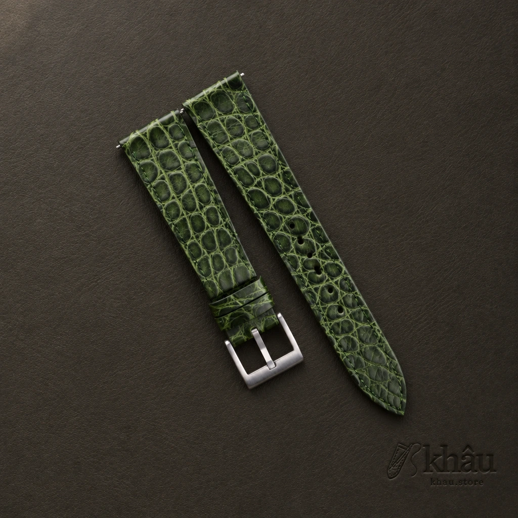 Vintage Green Alligator Round Scales Leather Watch Strap — front view