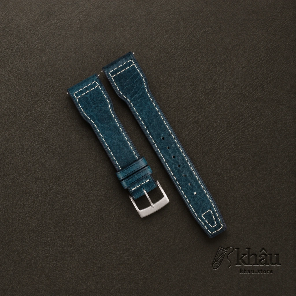 Pilot Dark Aqua Blue Badalassi Carlo Waxed Leather Watch Strap — front view