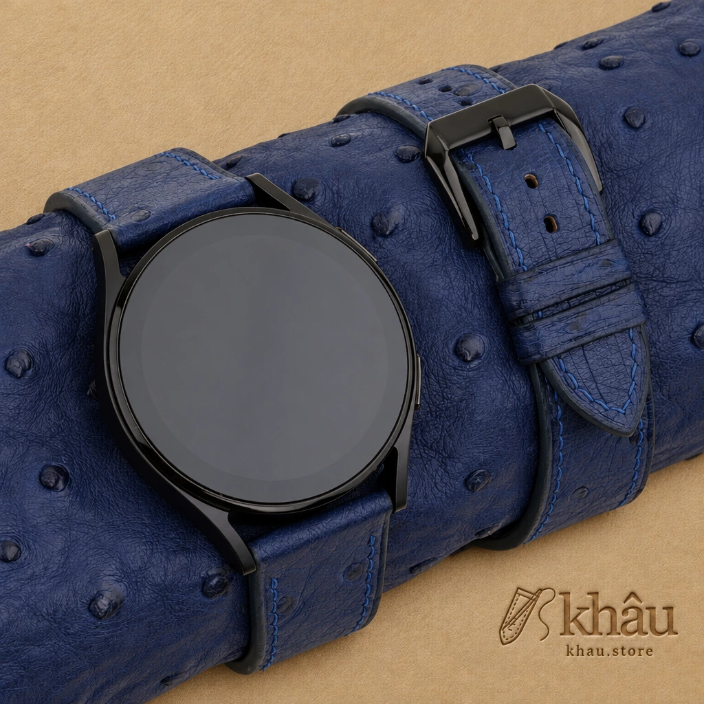 Dark Blue Ostrich Leather Samsung Watch Band — front view