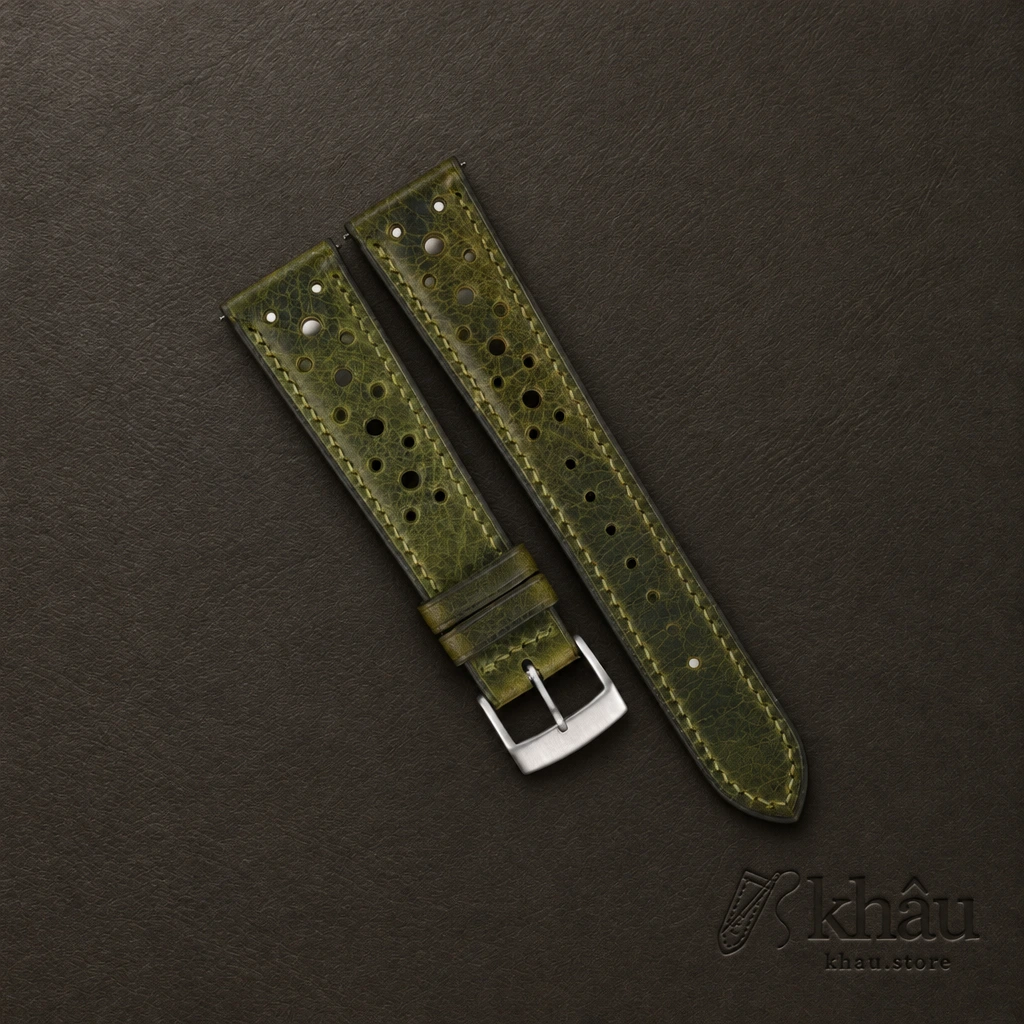 Rally Olive Waxed Badalassi Carlo Leather Watch Strap — front view