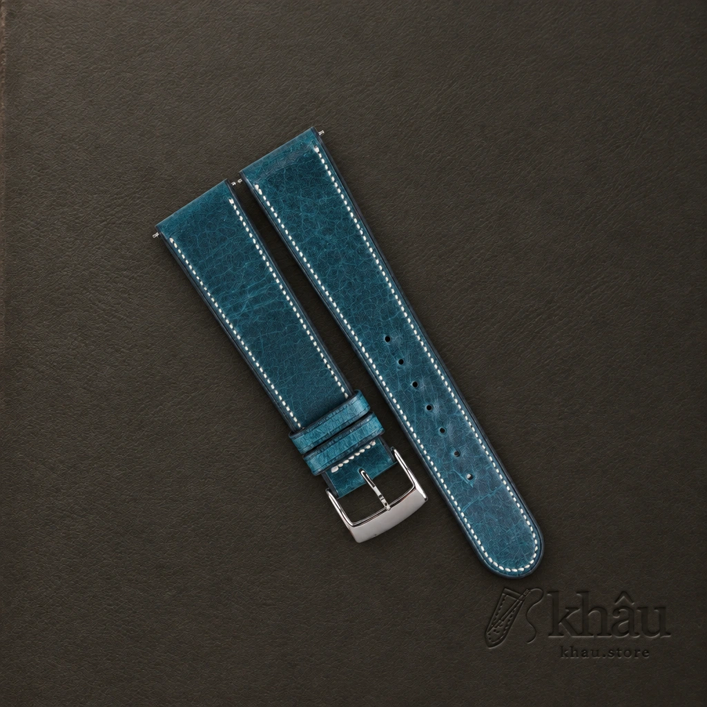 Micro Stitch Dark Aqua Blue Waxed Badalassi Carlo Leather Watch Strap — front view