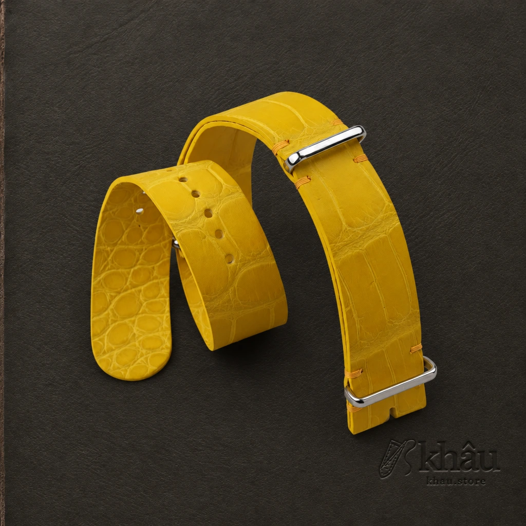 NATO Yellow Alligator Lining Yellow Alligator Round Scales Leather Watch Strap — front view