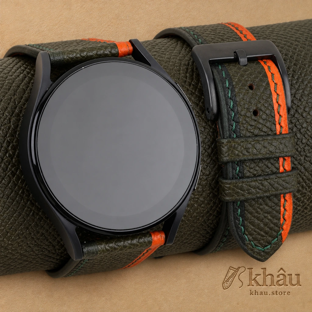 Tricolor Olive Epsom Leather Samsung Watch Band — front view