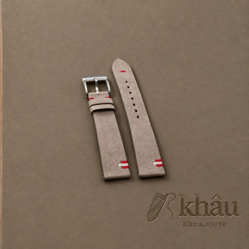 Pastel Nude Nubuck Leather Austria Flag Watch Strap — front view