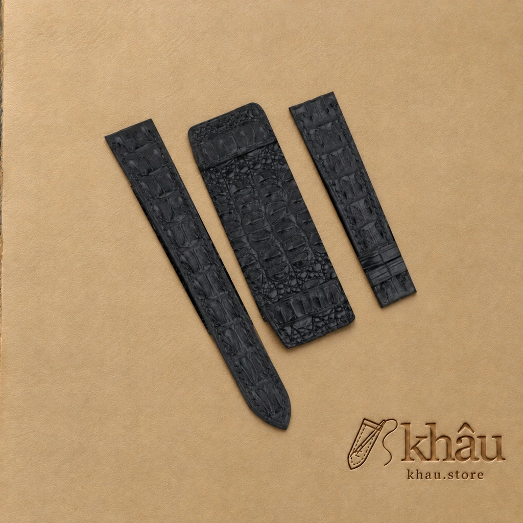 Black Double Hornback Alligator Leather Bund Strap — front view