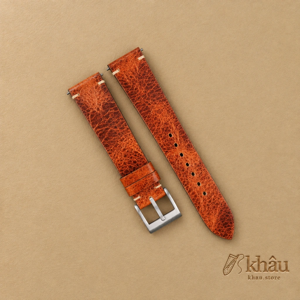 Vintage Dark Brown Waxed Leather Side-Stitch Watch Strap — front view