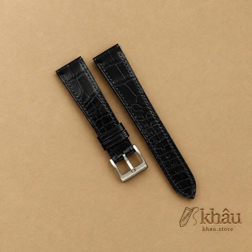 Black Alligator Leather Watch Strap — front view