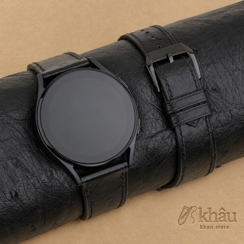 Black Ostrich Leather Samsung Watch Band — front view