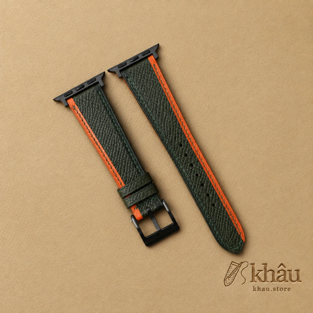 Tricolor Olive Epsom Leather Apple Watch Band — front view