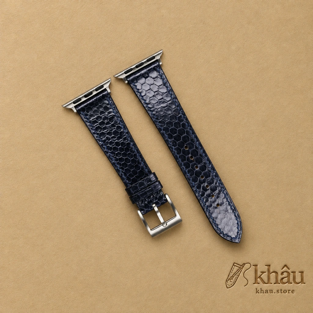 Navy Snake Sea Leather Apple Watch Band — front view