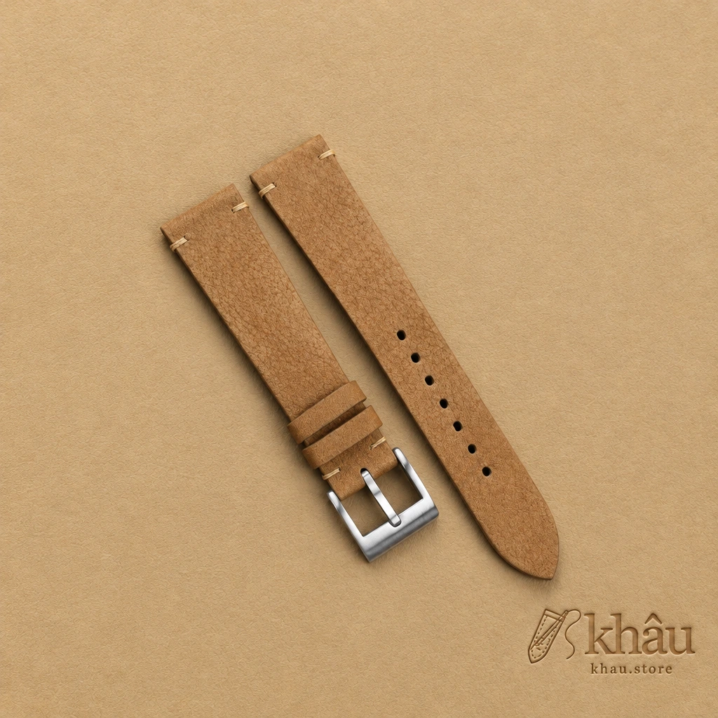 Vintage Coffee Nubuck Leather Side-Stitch Watch Strap — front view