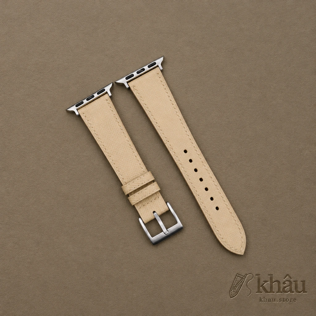 Beige Saffiano Leather Apple Watch Band — front view