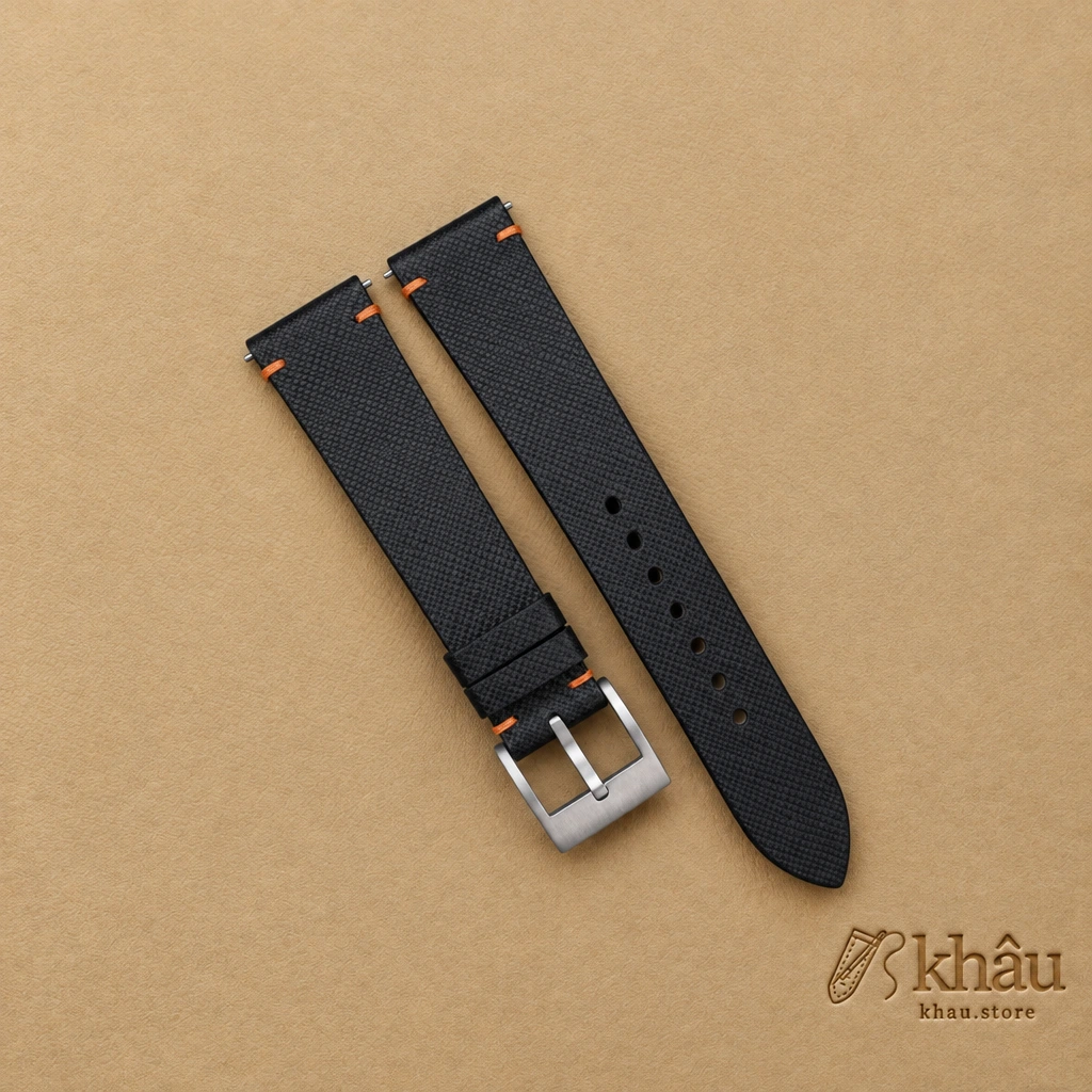 Vintage Black Saffiano Leather Side-Stitch Watch Strap — front view