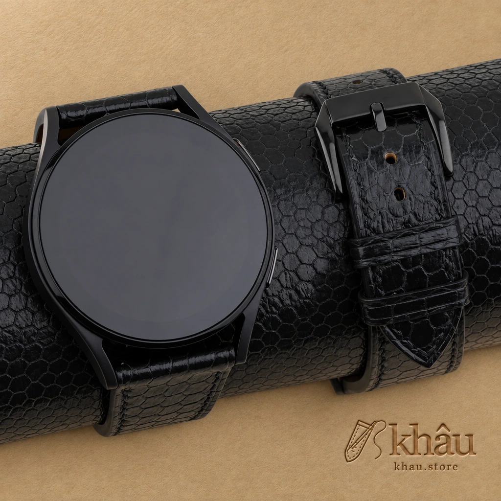Black Snake Sea Leather Samsung Watch Band — front view