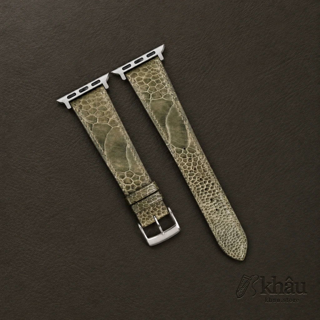 Olive Ostrich Leg Leather Apple Watch Band — front view
