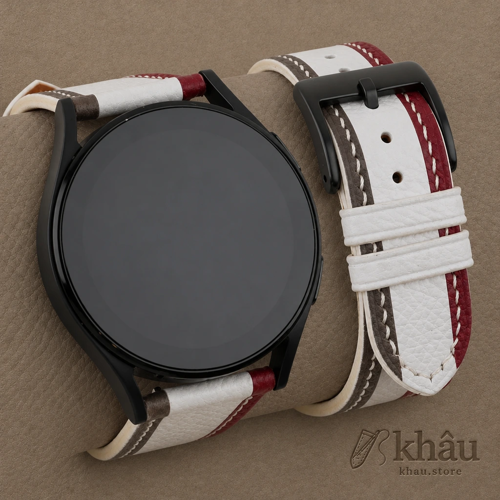Tricolor White Epsom Leather Samsung Watch Band — front view