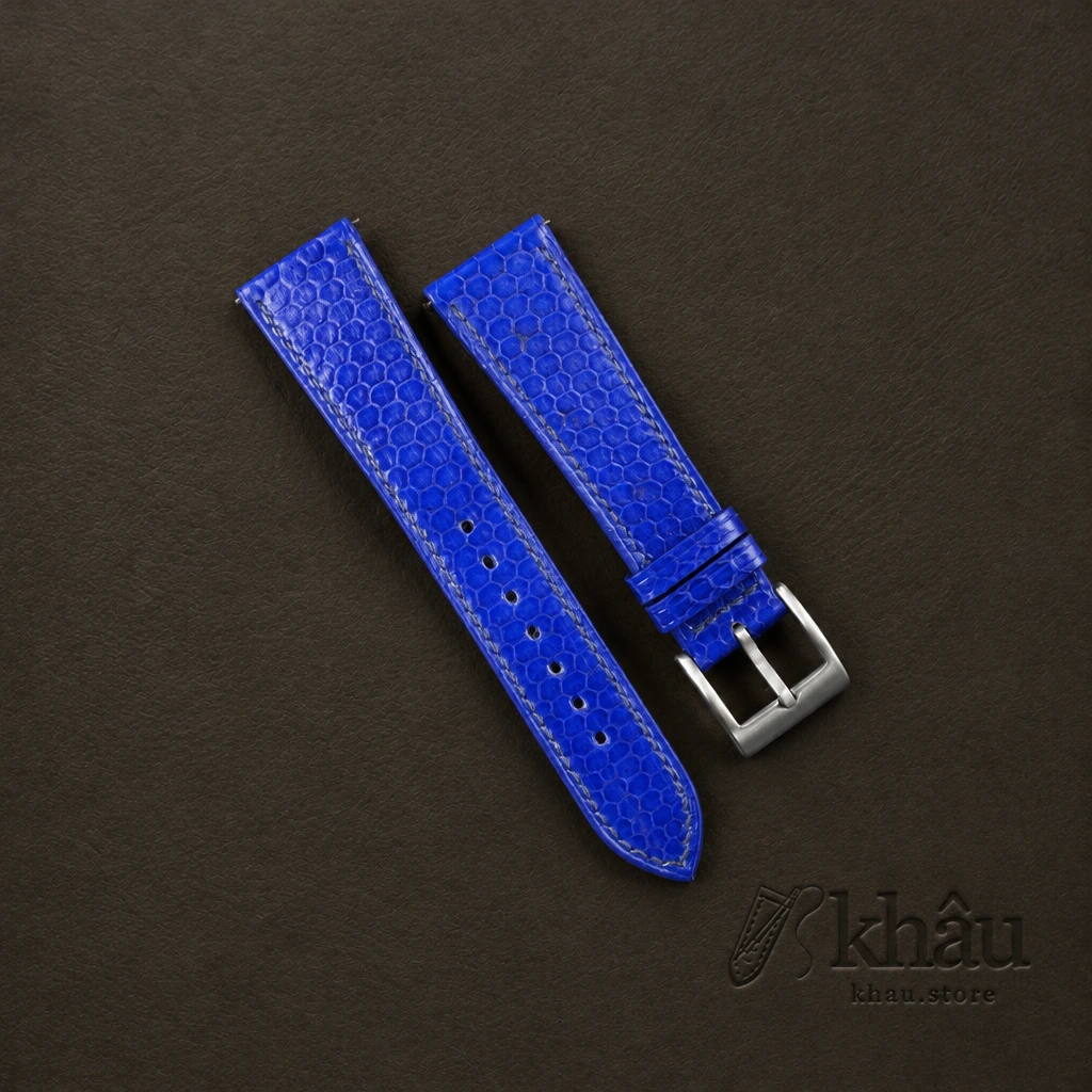 Electric Blue Snake Sea Leather Watch Strap — front view