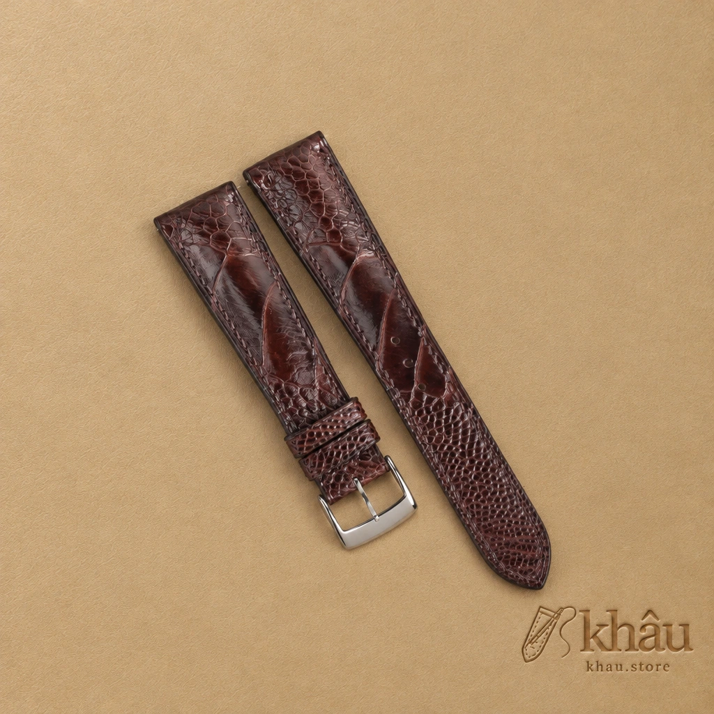 Curved End Dark Brown Ostrich Leg Leather Watch Strap — front view
