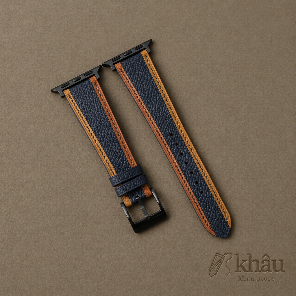 Tricolor Navy Epsom Leather Apple Watch Band — front view