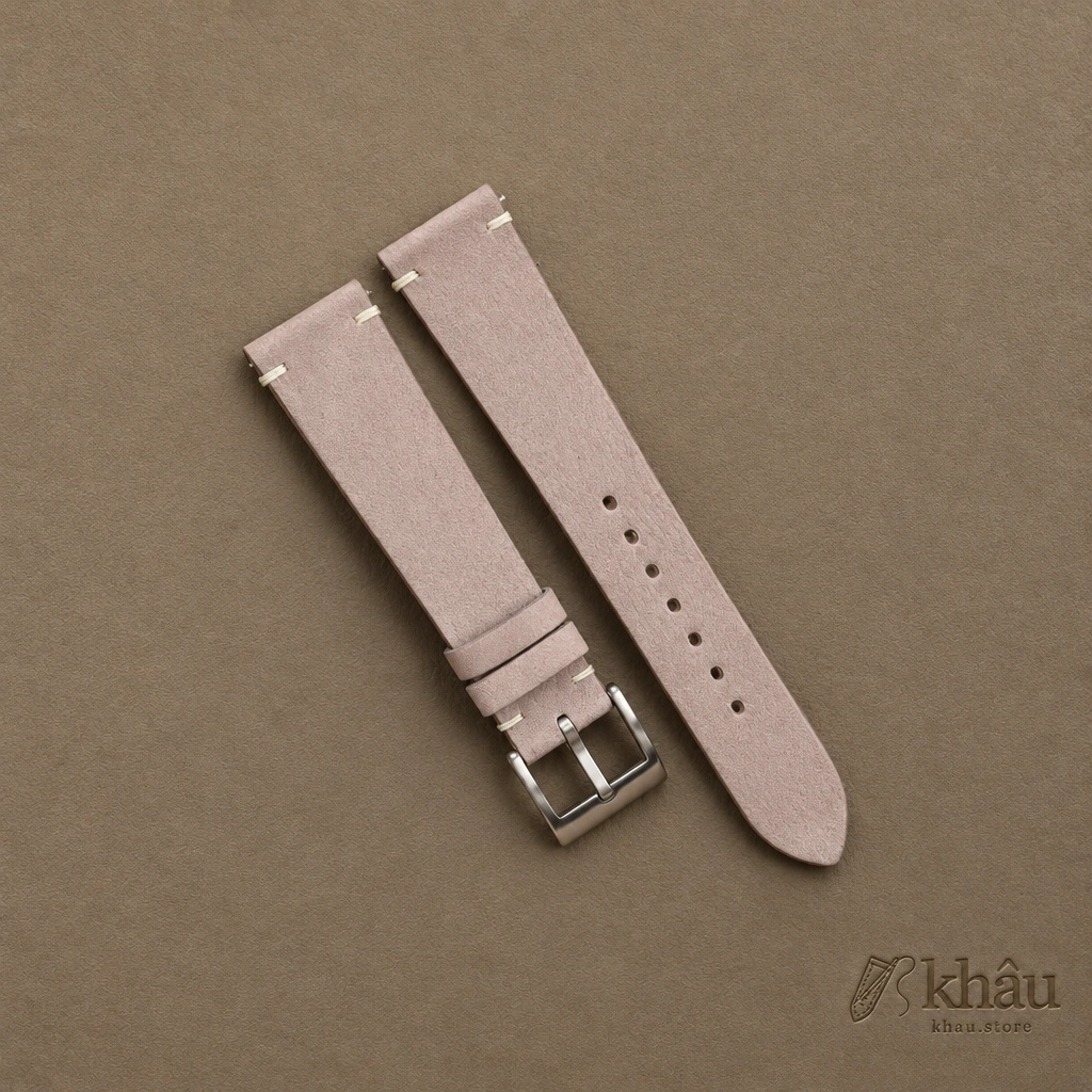 Vintage Pinkish Grey Nubuck Leather Side-Stitch Watch Strap — front view