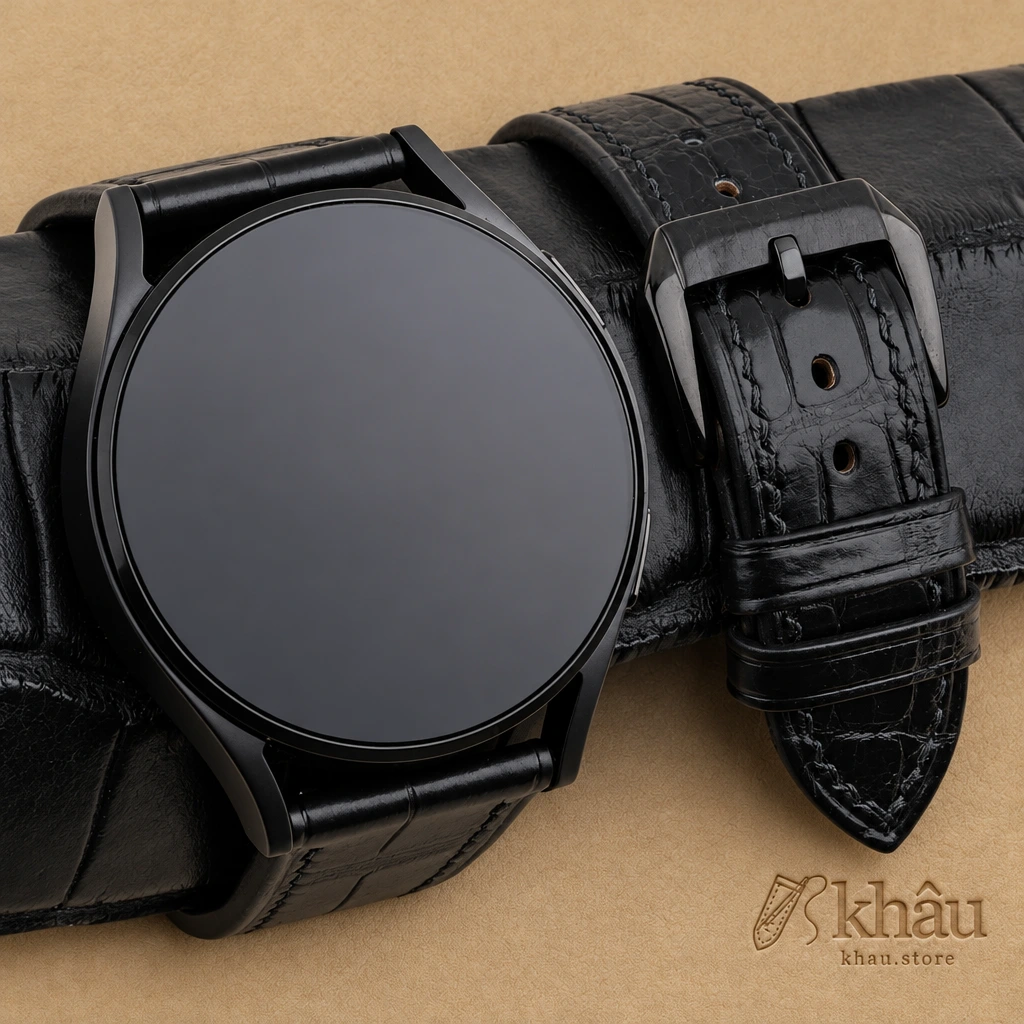 Black Alligator Leather Samsung Watch Band — front view