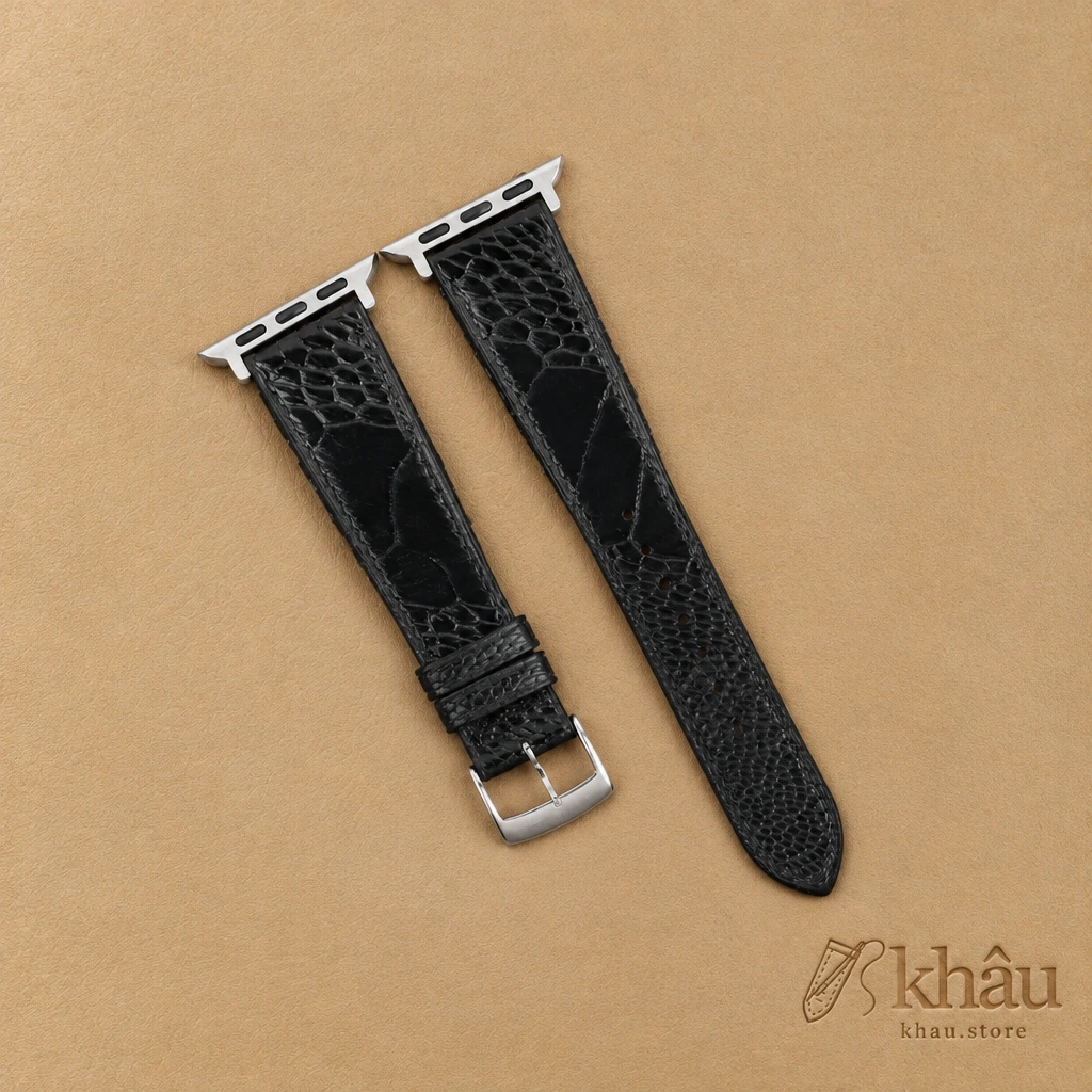 Black Ostrich Leg Leather Apple Watch Band — front view