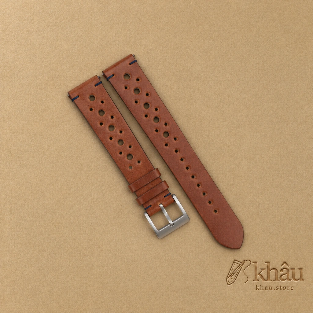 Rally Cognac Shell Lining Navy Epsom Leather Watch Strap — front view