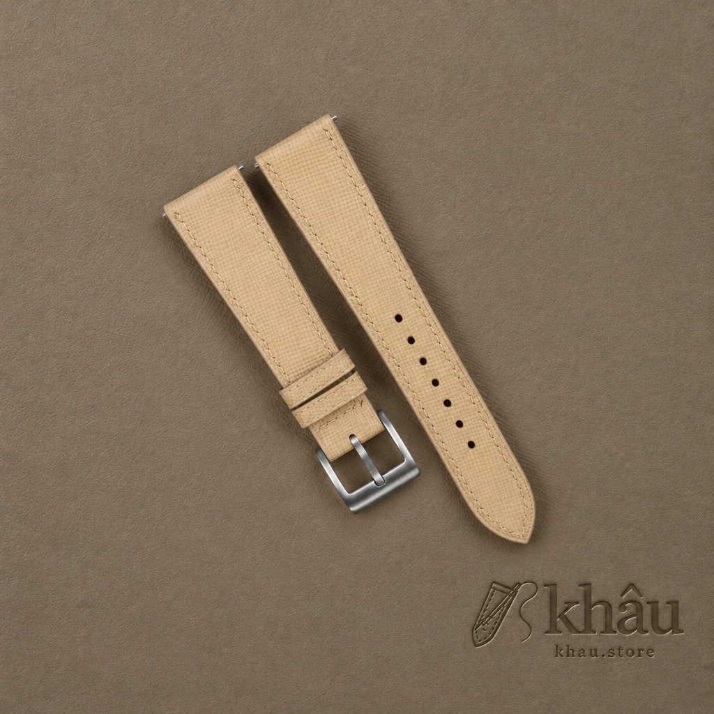 Beige Saffiano Leather Watch Strap — front view