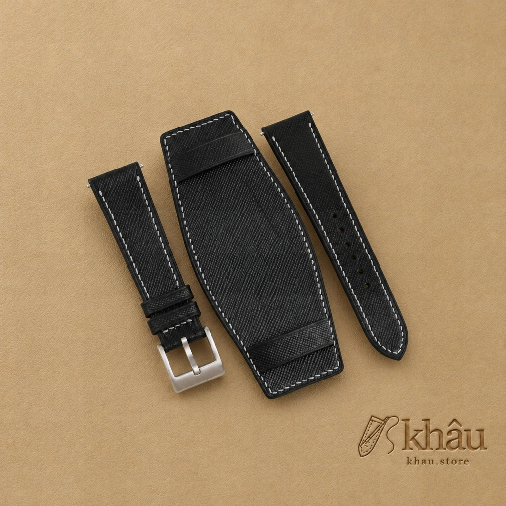 Black Saffiano Leather Bund Strap — front view