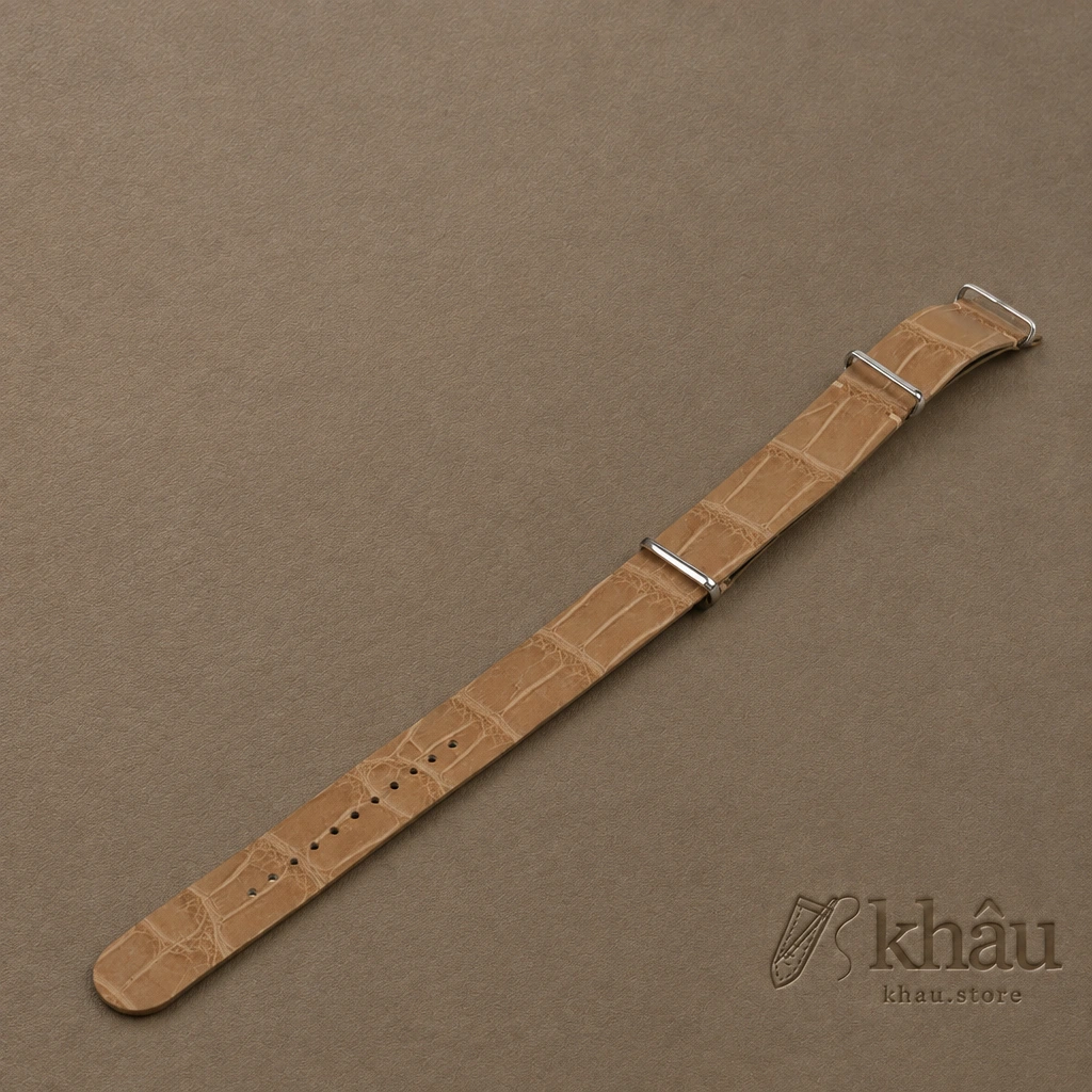 NATO Beige Alligator Lining Green Alligator Leather Watch Strap — front view