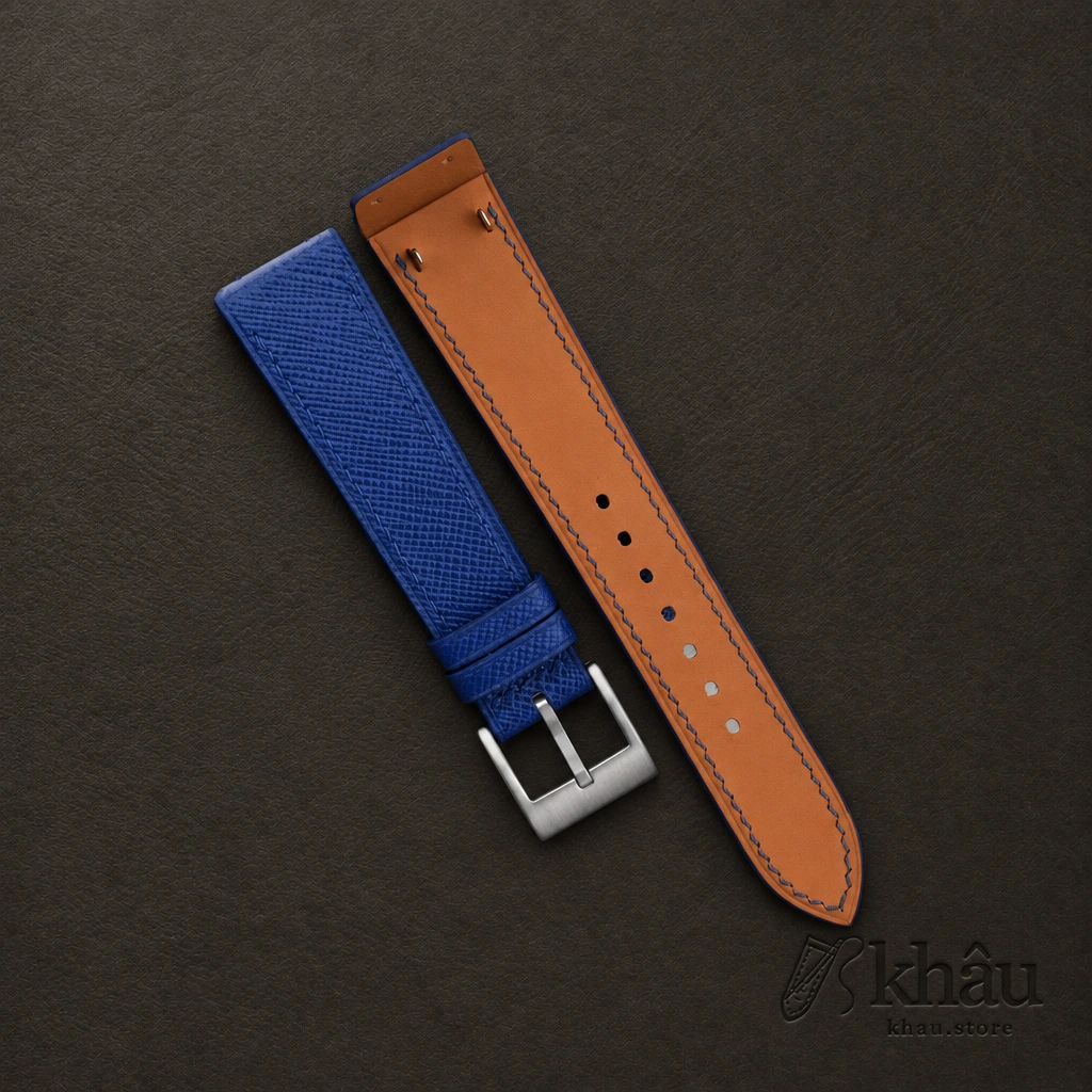 Blue Saffiano Leather Fixed Bars Watch Strap — front view