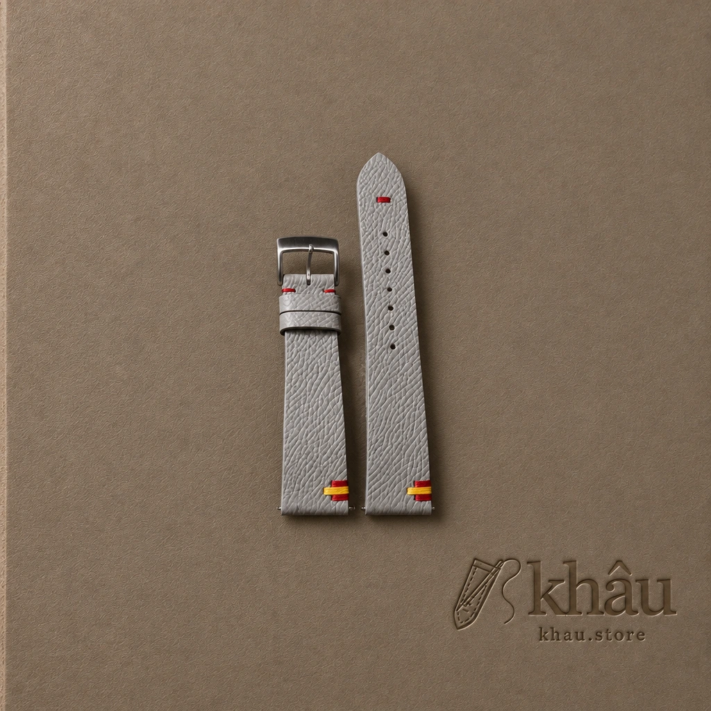 Light Grey Epsom Leather Spain Flag Watch Strap — front view