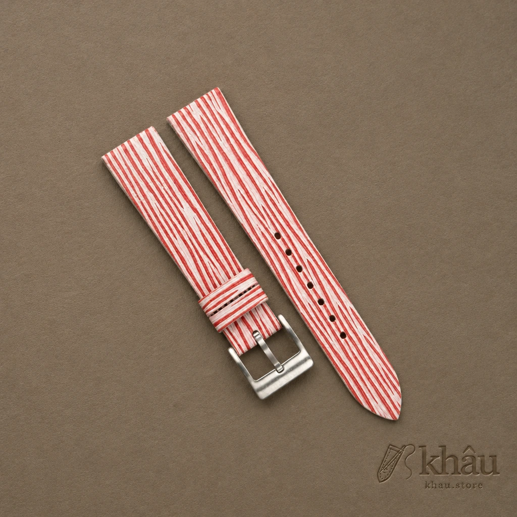 Red White Calfskin Watch Strap – Waves Texture — front view