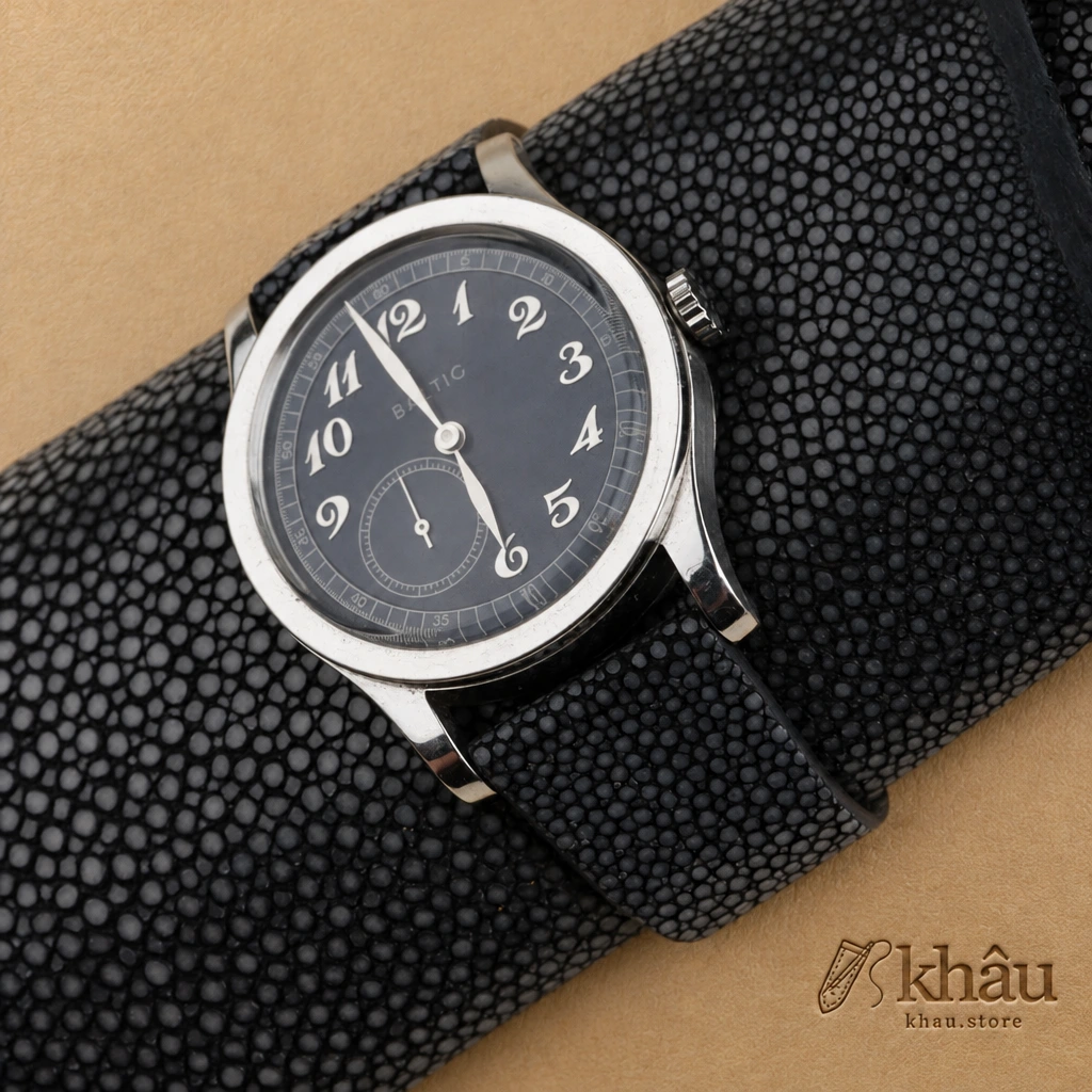 Vintage Black Stingray Leather Strap for Baltic Watch — front view