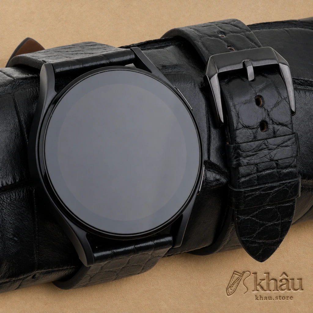 Vintage Black Alligator Round Scales Leather Samsung Watch Band — front view