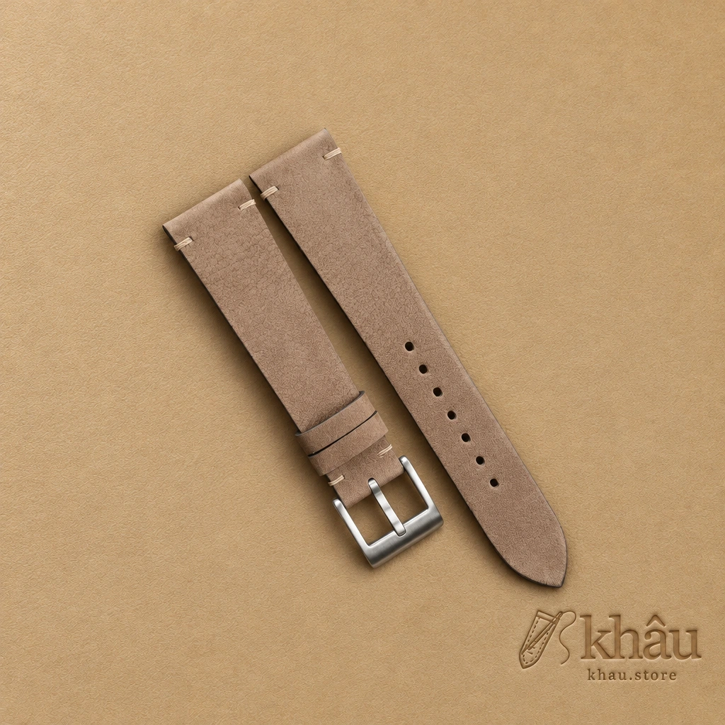 Vintage Light Taupe Nubuck Leather Side-Stitch Watch Strap — front view