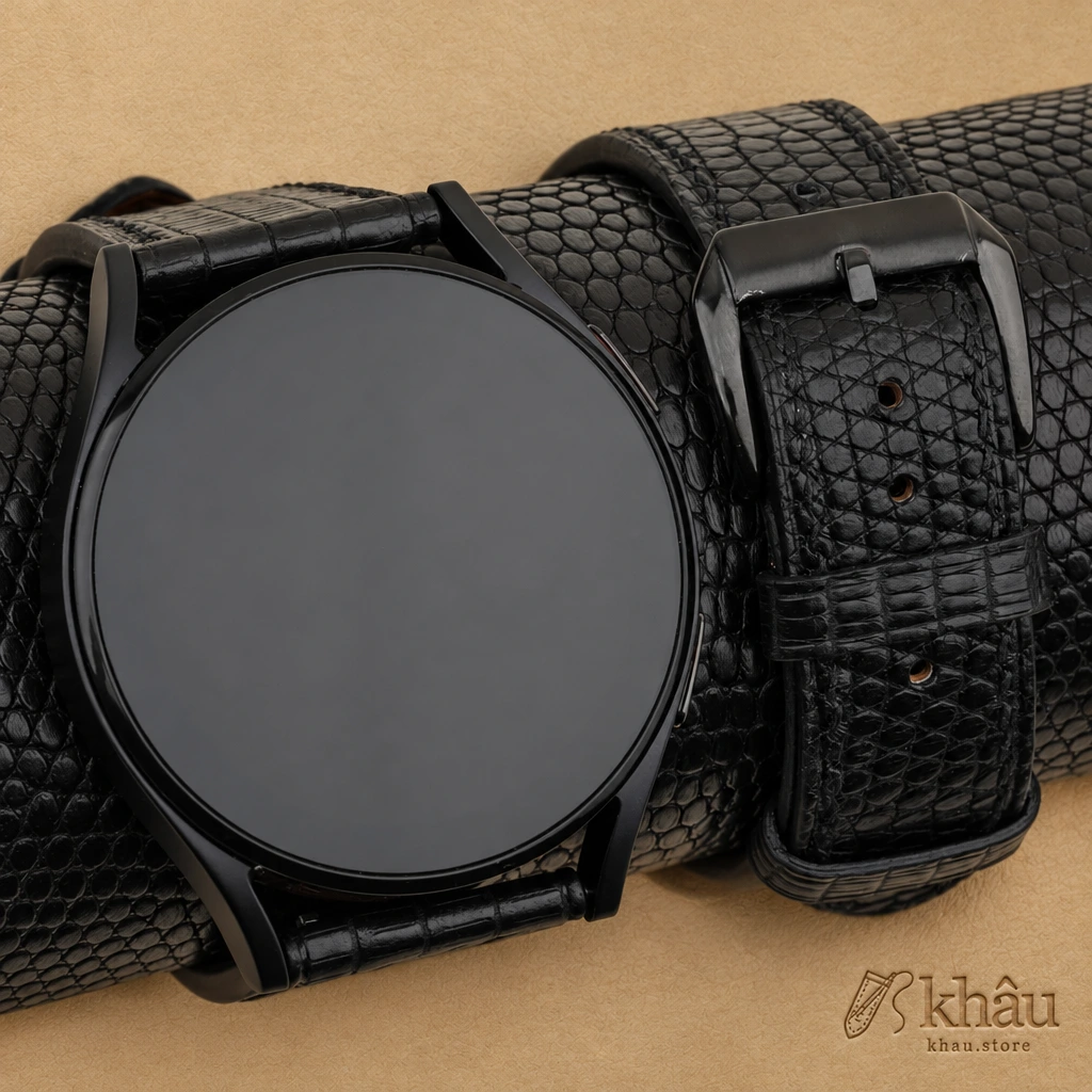 Black Lizard Leather Samsung Watch Band — front view