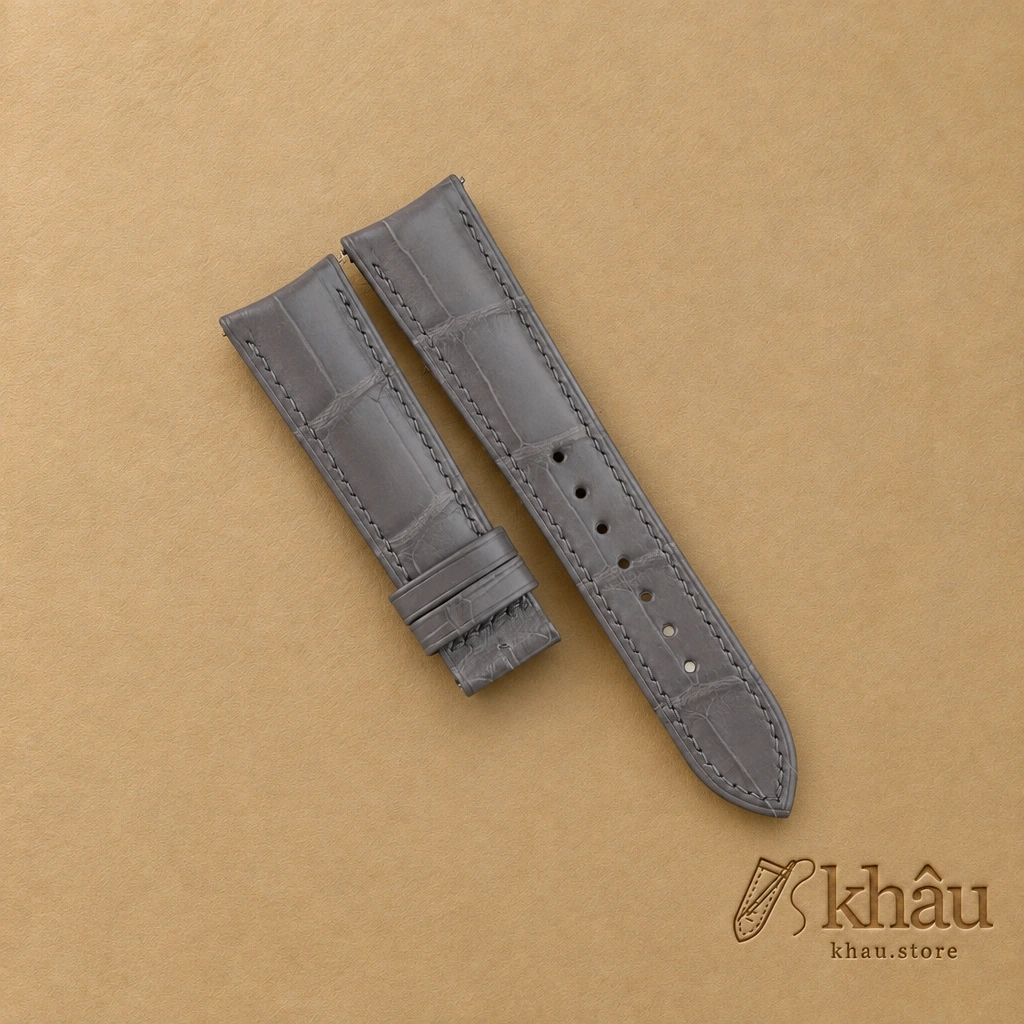 Cement Alligator Leather Curved End Folded Edges Watch Strap — front view